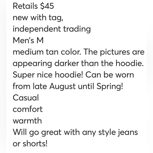 New Hoodie Mens Suze M medium tan color - Picture 16 of 16